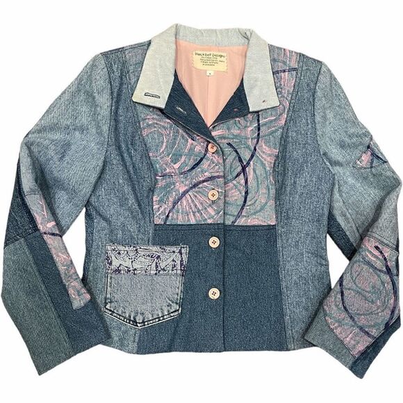 Hand Crafted Jackets & Blazers - VINTAGE Original Hand Painted Upcycled Denim Patchwork Blazer Jacket Size Small